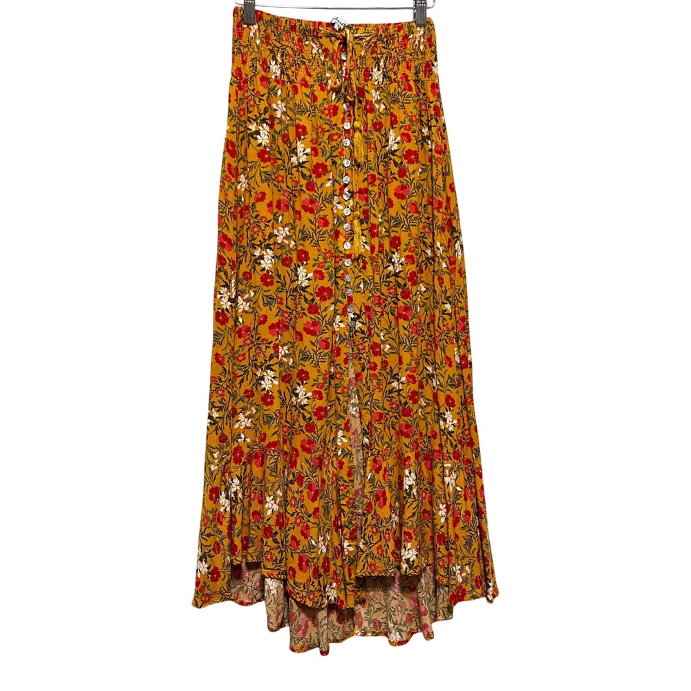 Ava Christine Cottage Boho High Low Maxi Skirt S Mustard Floral Button Front